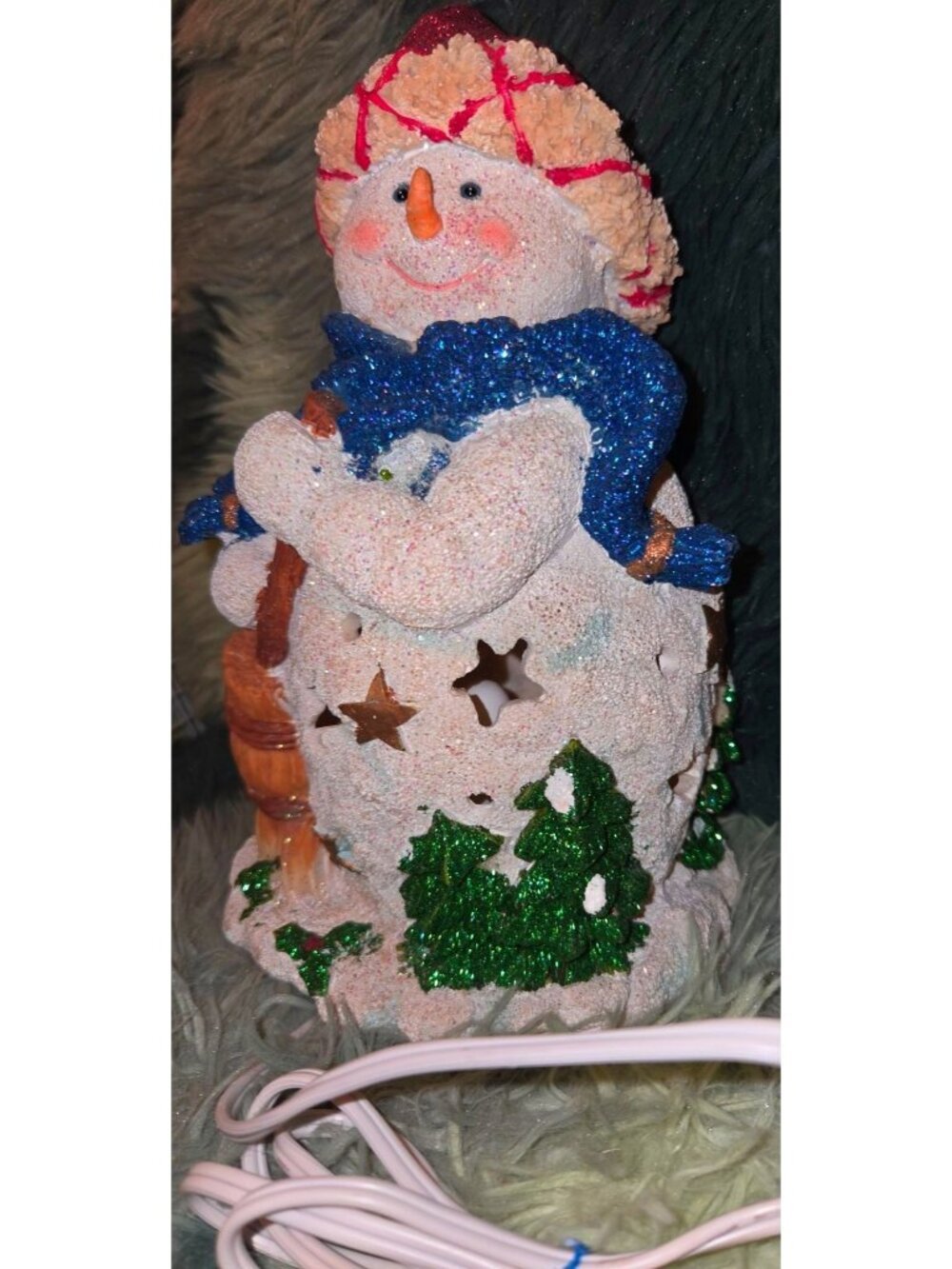 Snowman 12" Glitter LED Light Decor Holiday Figurine Star Cutouts Festive Green